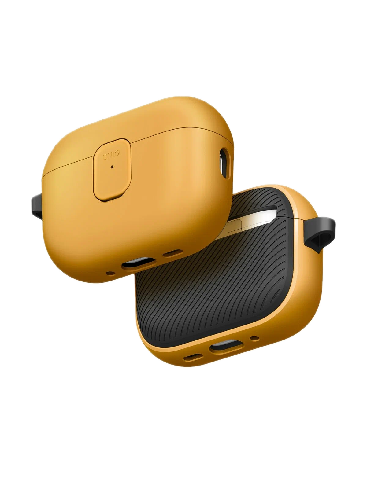 На фото изображено Чехол Uniq CLYDE Lock case для AirPods Pro 3, Racing Yellow/Dark Grey