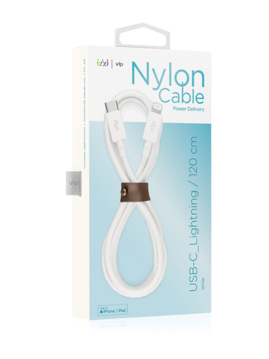 На фото изображено Кабель VLP Nylon Cable USB-C/Lightning MFI, 1.2м, белый