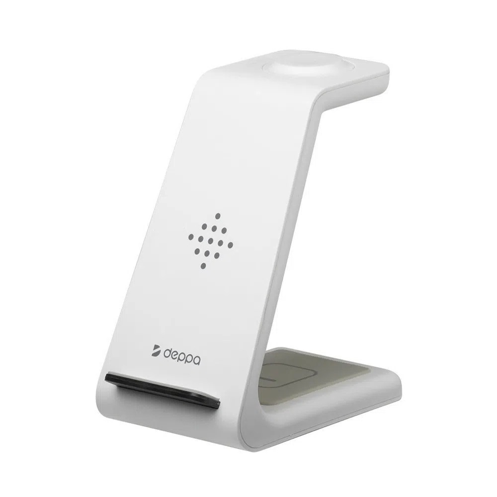На фото изображено Зарядная станция Deppa 3 в 1 Charging Stand Twin, белый