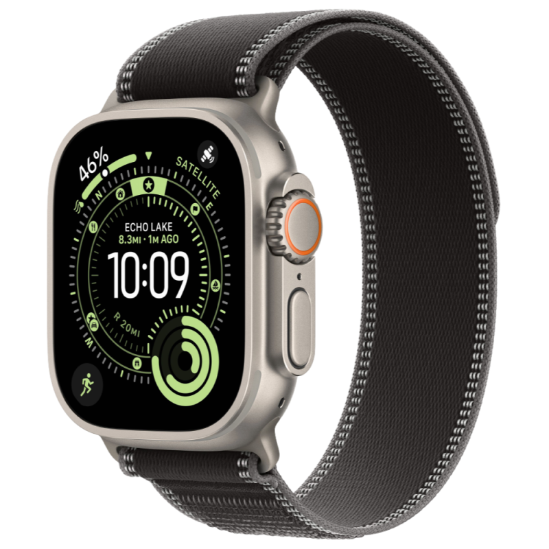 Фото Apple Watch Ultra 3 GPS + Cellular, 49 мм, корпус из натурального титана, ремешок Trail, цвет чёрный, M/L На фото изображено Apple Watch Ultra 3 GPS + Cellular, 49 мм, корпус из натурального титана, ремешок Trail, цвет чёрный, M/L