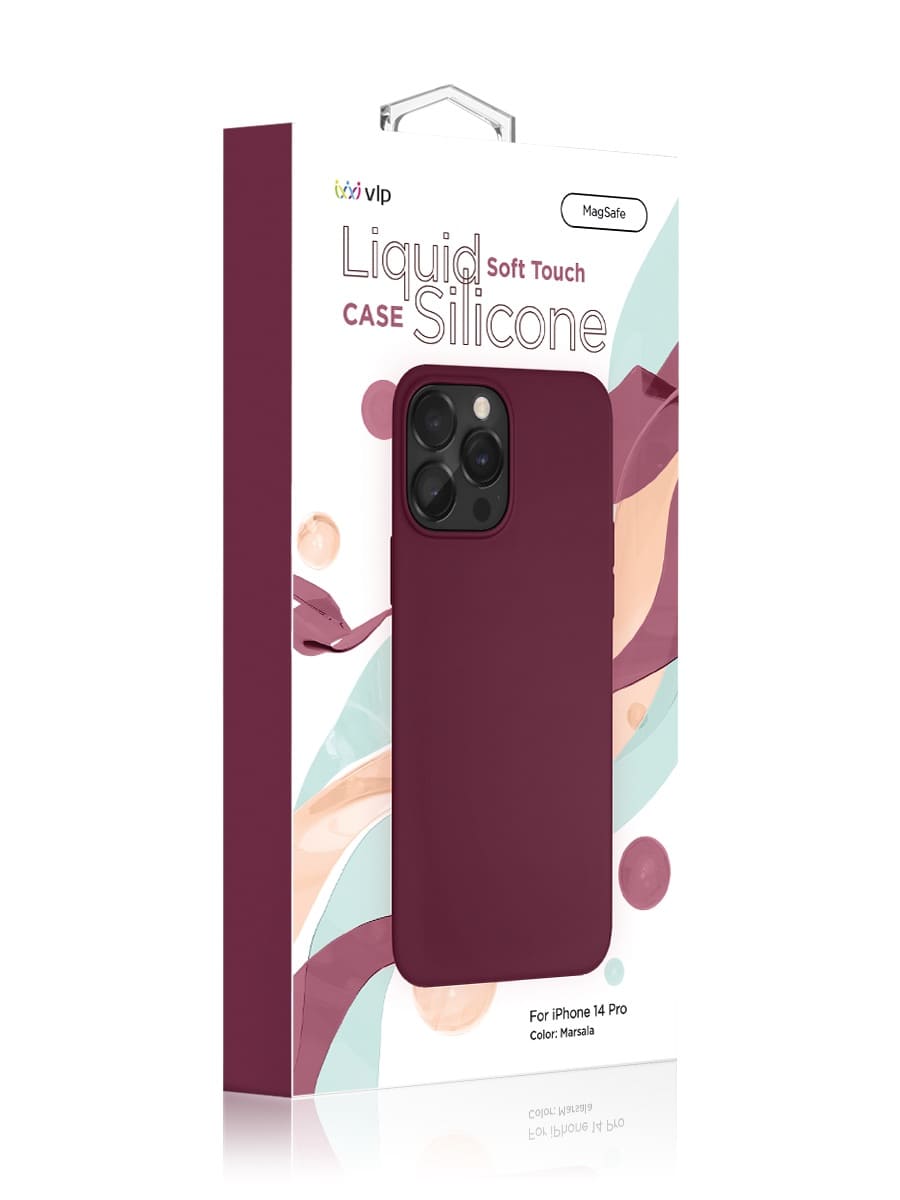 На фото изображено Чехол защитный VLP Silicone case с MagSafe для iPhone 14 Pro, марсала