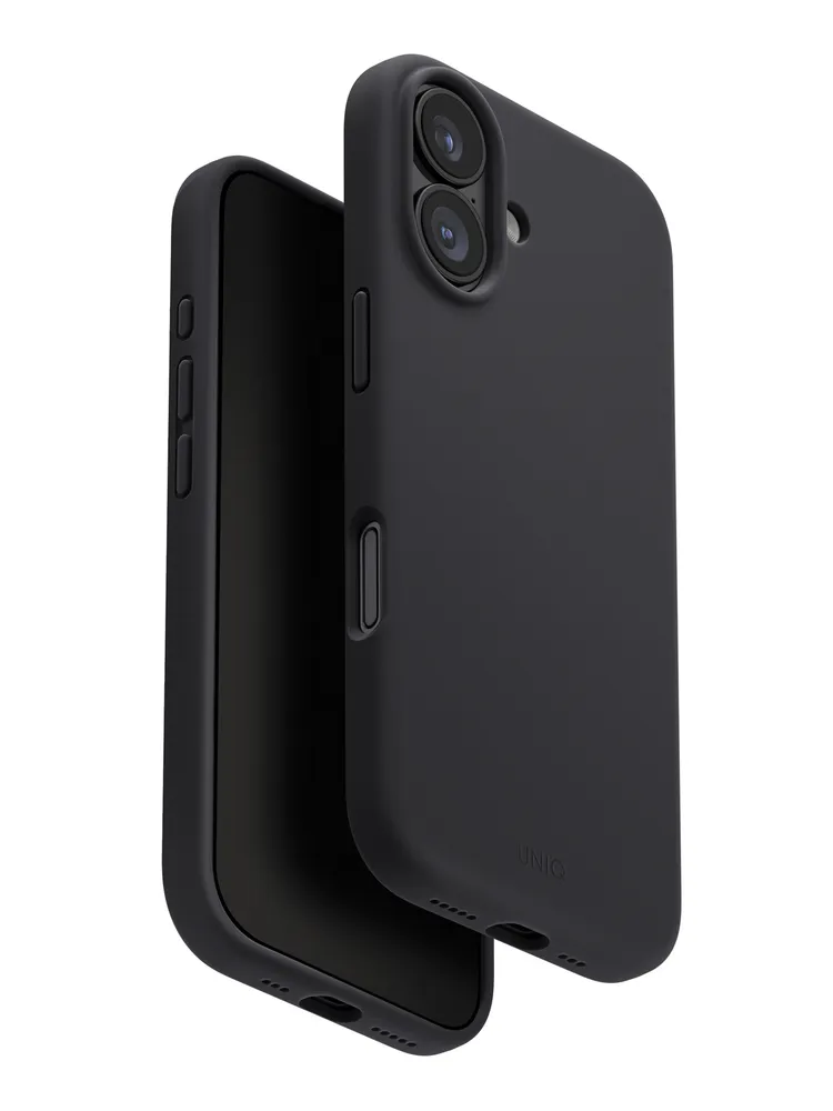 На фото изображено Чехол Uniq Lino MagSafe для iPhone 17, черный