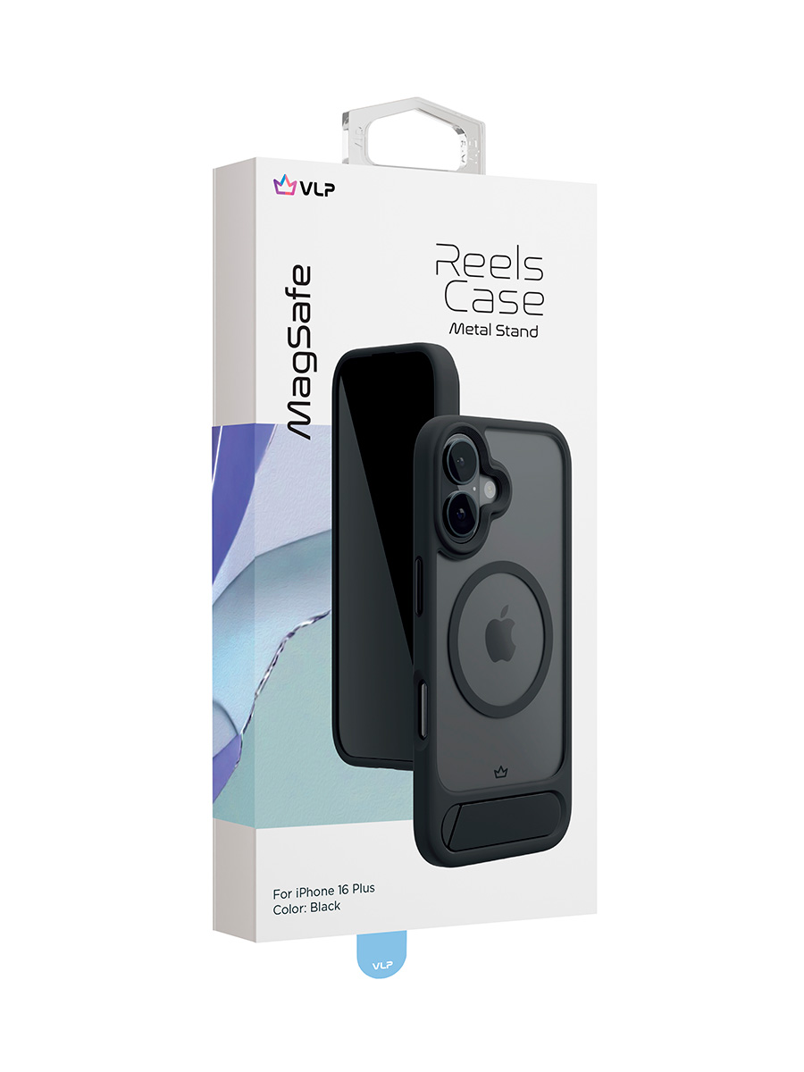 На фото изображено Чехол защитный VLP Reels Case с MagSafe для iPhone 16 Plus, черный