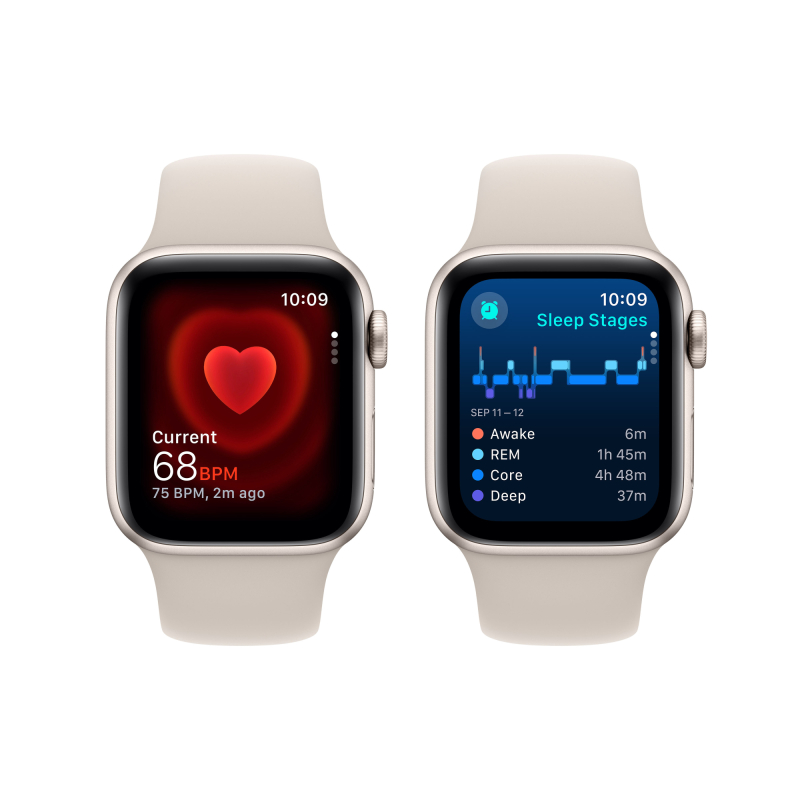 Apple Watch SE 2024, 44 мм, корпус из алюминия цвета «Сияющая звезда», спортивный ремешок, размер S/M