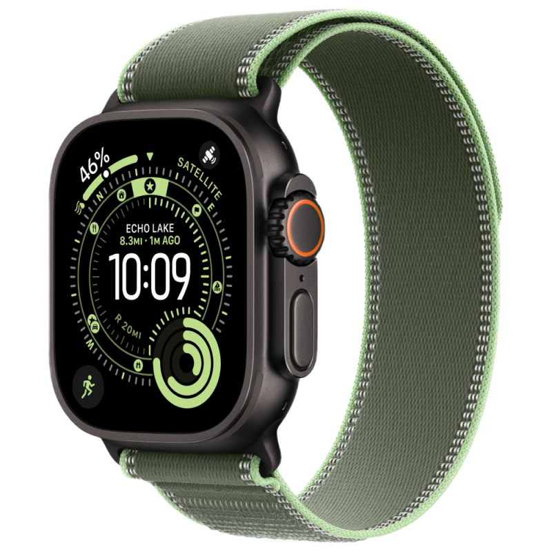 Фото Apple Watch Ultra 3 GPS + Cellular, 49 мм, корпус из чёрного титана, ремешок Trail, цвет зелёный, S/M На фото изображено Apple Watch Ultra 3 GPS + Cellular, 49 мм, корпус из чёрного титана, ремешок Trail, цвет зелёный, S/M