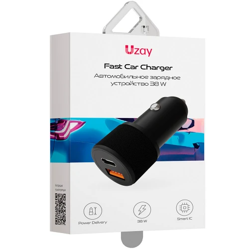 Фото Автомобильное зарядное устройство Uzay 38W USB-C+USB-A, черное На фото изображено Автомобильное зарядное устройство Uzay 38W USB-C+USB-A, черное