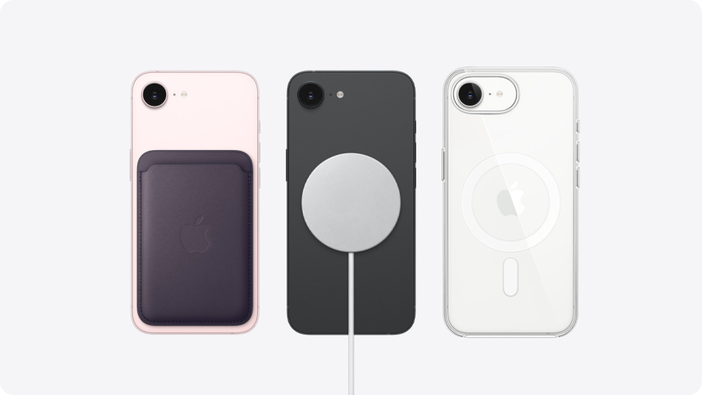 Три iPhone 17e в розовом, черном и белом цветах сзади с поддержкой MagSafe Три iPhone 17e в розовом, черном и белом цветах сзади с поддержкой MagSafe